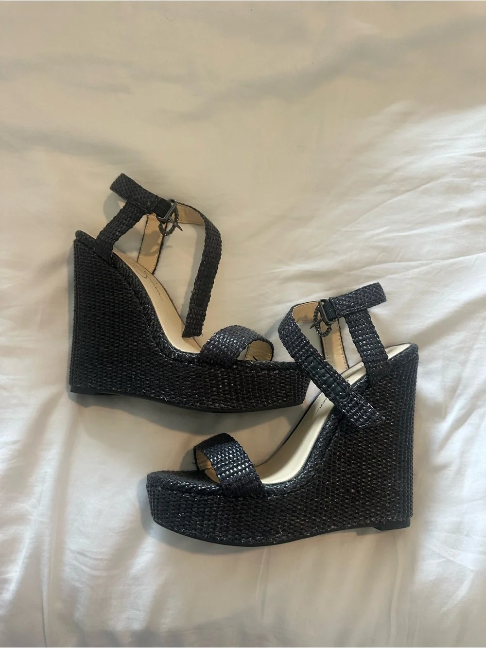 Jessica Simpson Black Woven Ankle-Strap Wedge Sandals